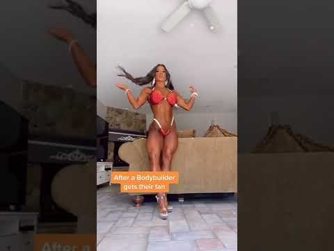Female bodybuilder before and after a competition tan